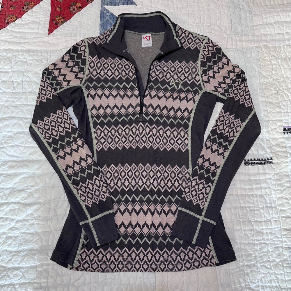 Kari Traa Half Zip Base Layer Top Pink Gray Fair Isle Small